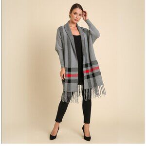 Classic Grey Sleeved Poncho Wrap Cardigan Knitted Haymarket Plaid Print High-Low